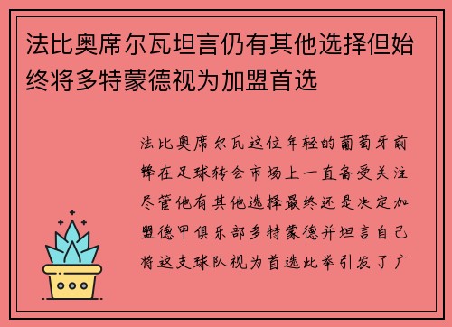 法比奥席尔瓦坦言仍有其他选择但始终将多特蒙德视为加盟首选